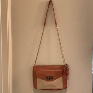 Coral and tan purse with chain strap